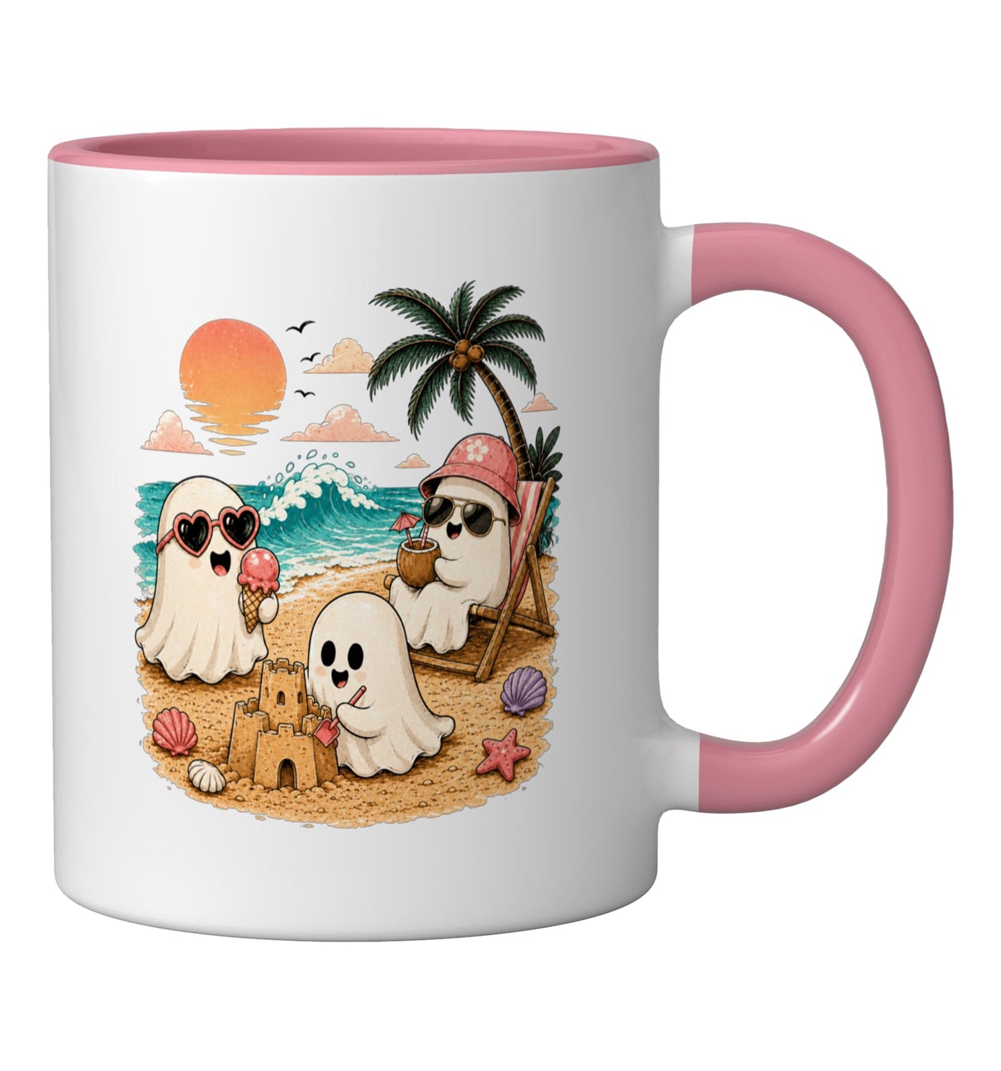 Summerween Ghost Beach Cute Ghosts Summer Halloween Ceramic Mug, Pink/White