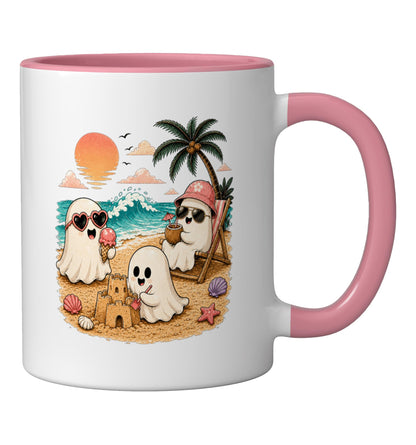 Summerween Ghost Beach Cute Ghosts Summer Halloween Ceramic Mug, Pink/White