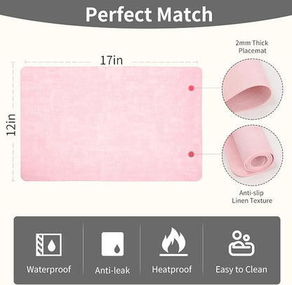 Maxpearl Faux Leather Placemats Set of 6 - Waterproof - Wipe Clean - Heat Resistant - Anti Slip Dining Table Place Mats, Suitable for Indoor & Outdoor Use, 17’’×12’’, Pink