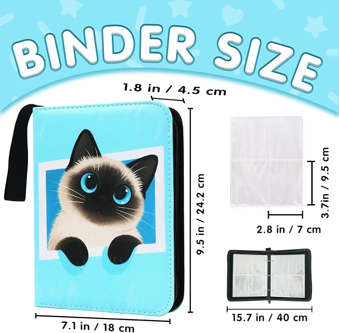 Cute Cat Card Binder, 400 Pocket Card Album for Girls Gifts, Black Cat kitten Trading Game Card Holder Album for Standard Size Cards, Collectible Game Collection Case (Blue)