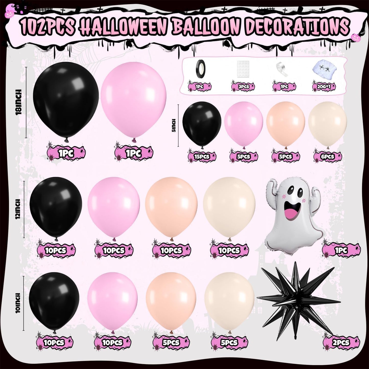 Halloween Balloon Arch Garland Kit, Black Macaron Pink Orange Sand White Balloons, Ghost and Star Foil Balloon, Fake Spider Webs for Kid Girl Halloween Birthday Party Decorations Baby Shower Backdrop