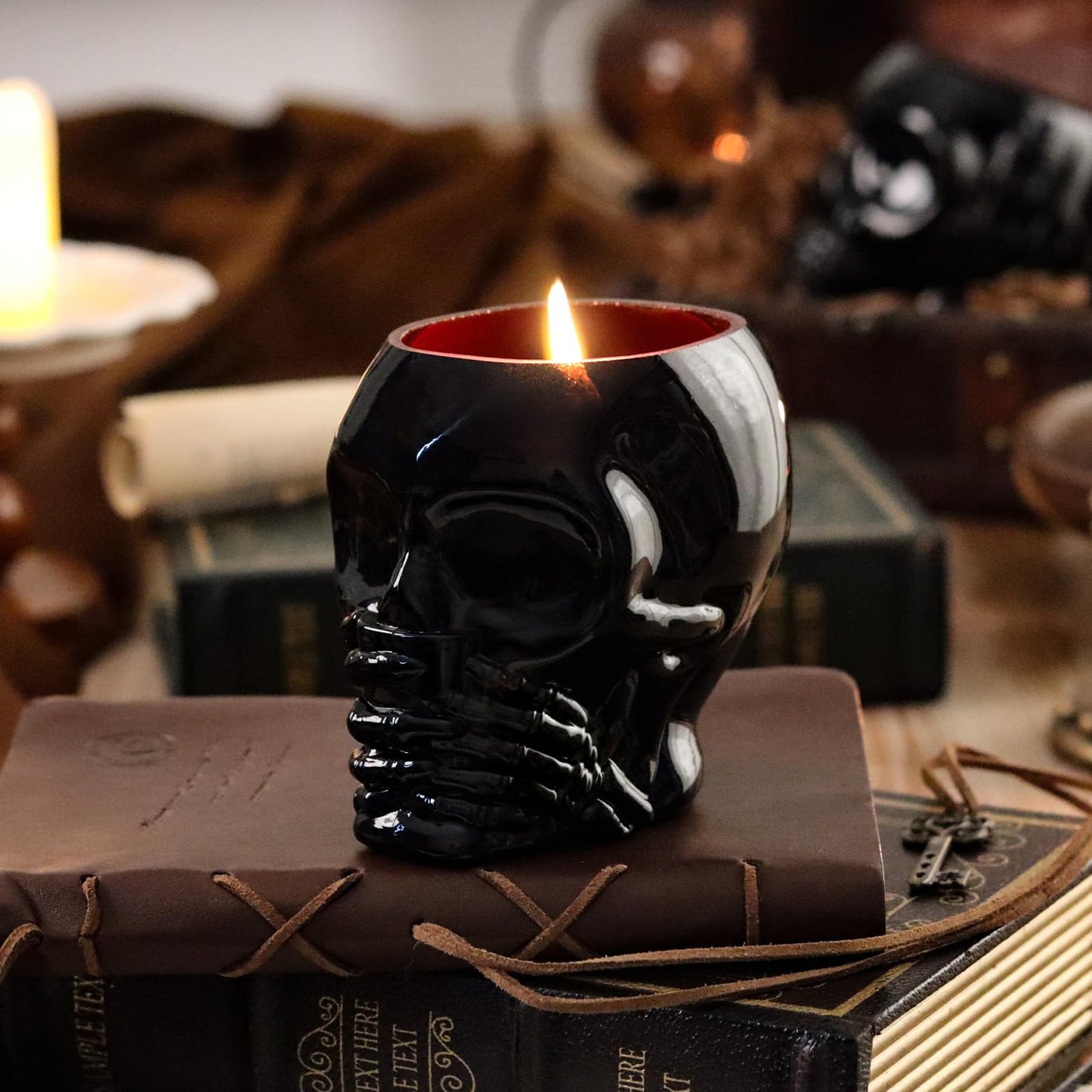 Set of 2 Gothic Home Decor, See No Evil Speak No Evil Skeleton Makeup Brush Holder, Black Skull Pen Holder & Succulent Planter - Cool Desk Accessories for Men & Women, Spooky Halloween Room Decor Gift