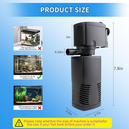coospider-repta Fish Tank Filter for 15-40 Gallon Tank, 160 GPH Crystal Clear Powerful Internal Aquarium Filters Submersible Pump& Filter System for Fish Tank & Turtle Tank