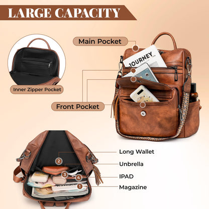 garaplight PU Leather Backpack Purse for Women | Anti-theft Ladies Shoulder Bag Handbag Suitable for Work, Travel, and Daily Use (Brown)