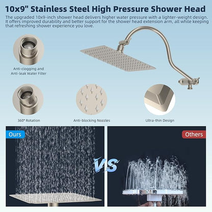 Hibbent All Metal CUPC Certified Shower Head, 10'' High Pressure Rainfall Shower Head, Handheld Showerhead Combo, 12'' Adjustable Extension Arm, 10 Sprays, 71'' Hose, Showerhead Holder, Brushed Nickel