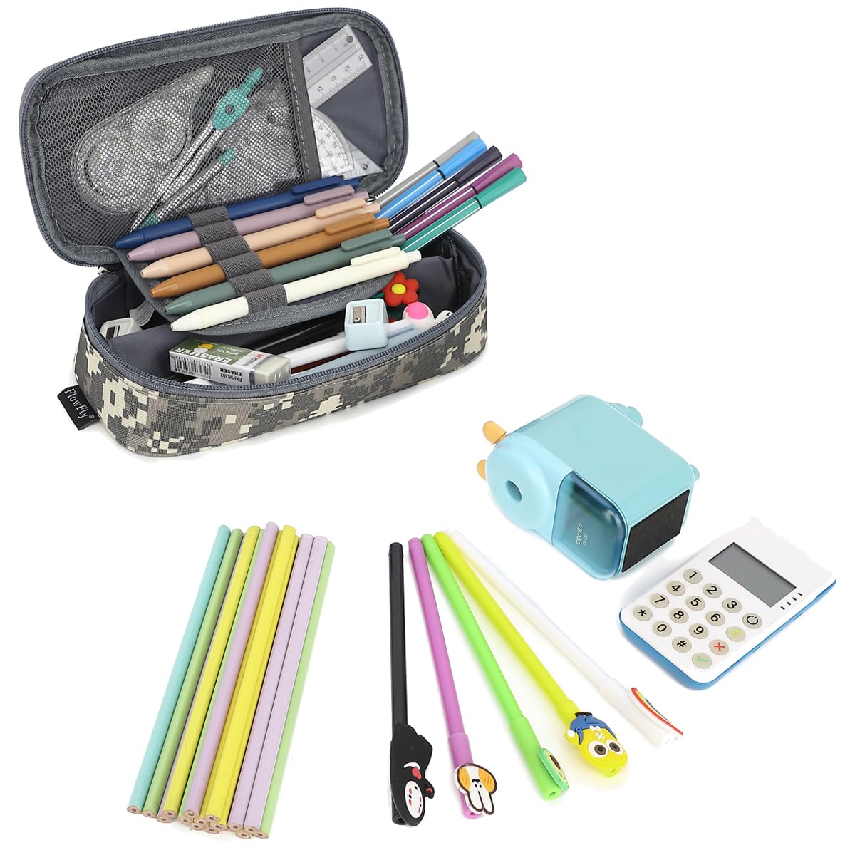 FlowFly Large Capacity Pencil Case for Kids, Boys & Girls – Zippered Multi-Functional Pen Pouch, Soft & Portable Pencil Bag for School, Teens, Students, Digital Camo