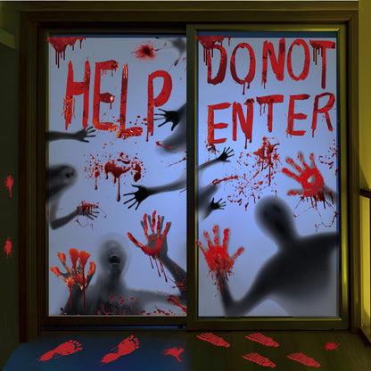 Bloody Halloween Decorations Door Cover Window Posters, Includes 1PCS Halloween Door Cover 2 PCS Halloween Window Posters and 3 Sheet Bloody Footprints Floor Clings for Halloween Decor