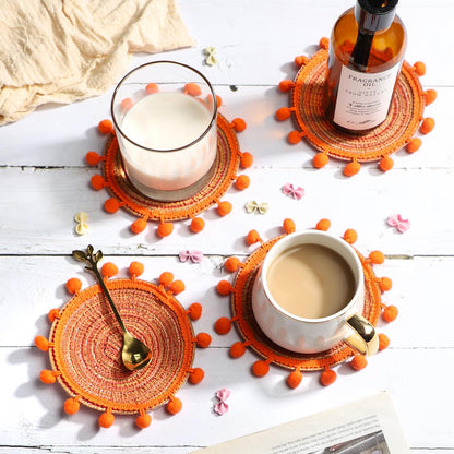 Drink Coaster Set of 6 Cotton Woven Coaster,Desktop Decoration Accessories Coasters, Table Coasters for Coffee Bar, 5.2 Inches (Orange)