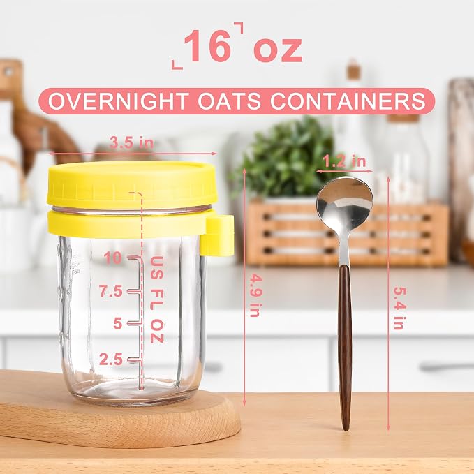 16oz Glass Mason Overnight Oats Jars, Cereal, Yogurt, Salad Lunch,Glass Overnight Oats Containers with Lids and Spoon, Container with Measurement Marks - (Yellow-2Pcs)