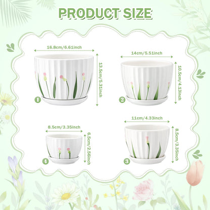 Acellegic 4 Pack Ceramic Orchid Pots with Drainage Holes and Tray 3.35+4.33+5.51+6.61 Inch Ceramic Plant Pot White Garden Planter for Indoor Outdoor Home Decor Gifts for Plant Lovers