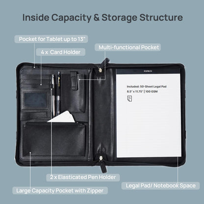 POPRUN Portfolio with Zipper, PU Leather Padfolio Document Organizer with Storage, Professional Business Folder for Meeting Presentation, Includes 50 Sheet Writing Pad, Black