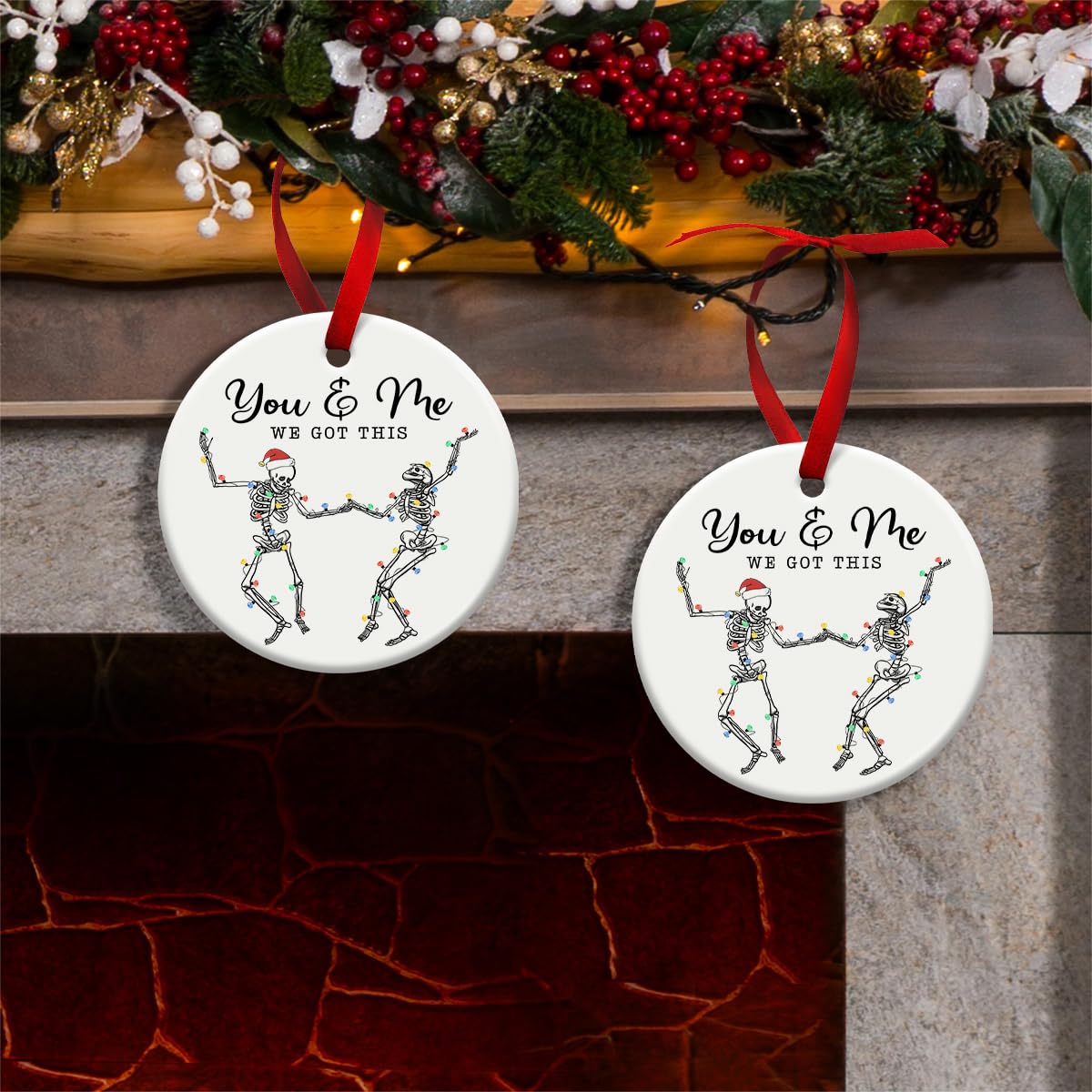 SOL VIBES Couple Christmas Ornament 2025, Xmas Hanging Ornaments, Dancing Skeleton Ornament on Christmas or Halloween, You & Me Gifts for Love and Friendship, Girlfriend, Boyfriend, or Soul Sisters