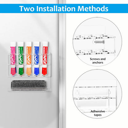 Dry Erase Marker Holder, Wall Mounted Acrylic Marker Holder with 10 Slots, Sticky Pen Storage for Classroom Organization, Whiteboard, Office, Clear