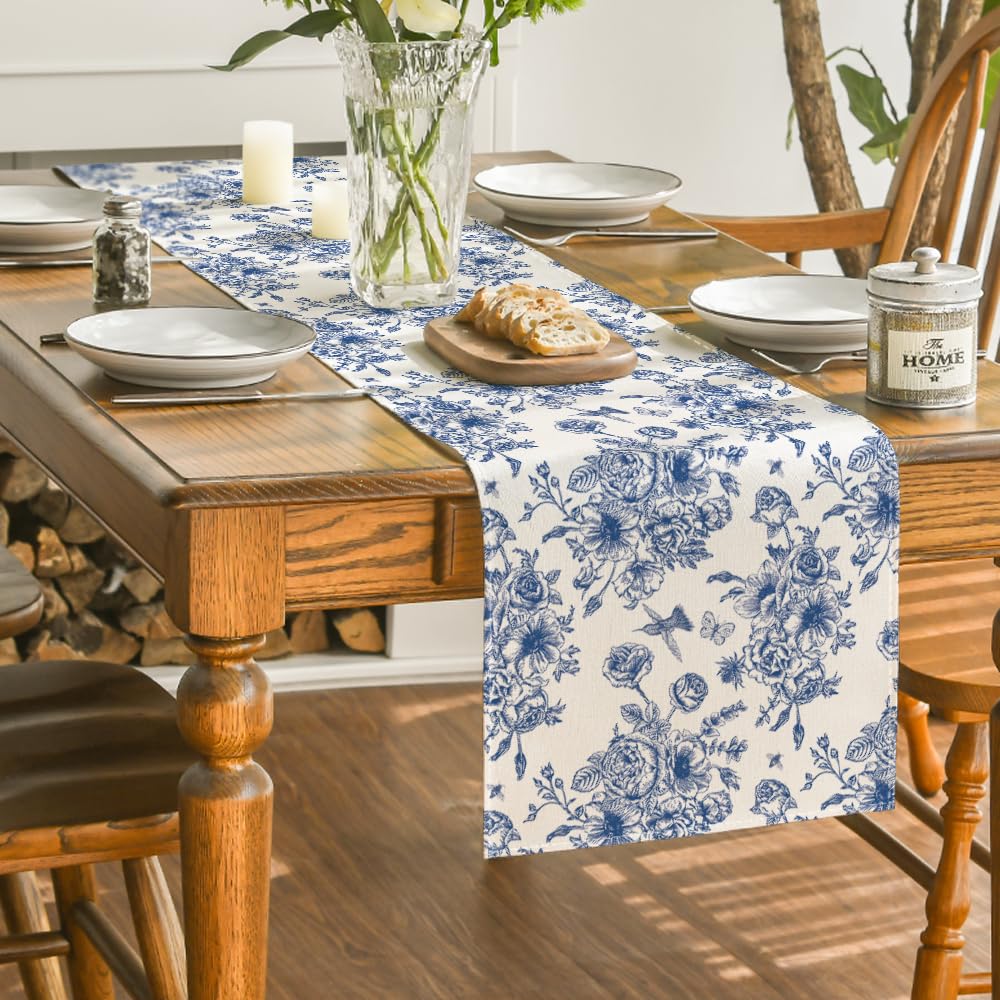 Artoid Mode Spring Navy Blue Floral Chinoiserie Table Runner, Seasonal Summer Kitchen Dining Table Decoration for Home Party Decor 13x90 Inch