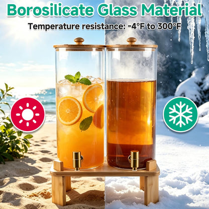 2 Gallon 2 PCS (4 gallon) Beverage Dispenser With Bamboo Wood Stand,Large Glass Drink Dispenser for Parties,Large Water Dispensers with Spigot,Juice Containers & Water Pitcher,Lemonade Dispenser