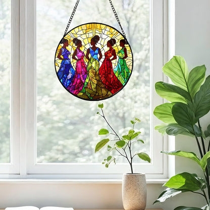 Greatingreat Stained Glass Window Hanging, Home Room Decor 7.8 Inch African American Women Sun Catchers Indoor Window, Cultural Wall Art Home Decor for Women Mother's Day