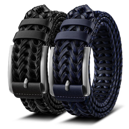 BULLIANT Men Belt, Braided Leather Belt Adjustable For Men Casual Jeans Golf 1 3/8"(Black/Blue,26"-30" Waist Adjustable)