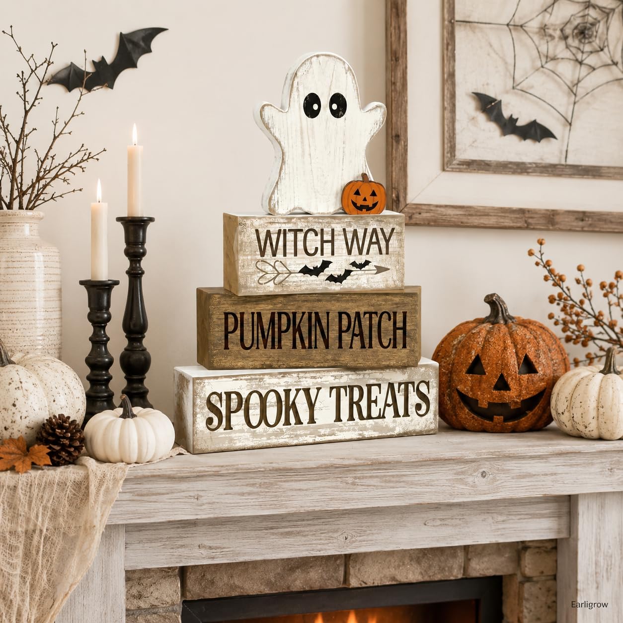4 Pcs Halloween Table Decorations Wooden Ghost Tiered Tray Decor Farmhouse Rustic Block Signs Cute Pumpkin Tabletop Centerpiece for Home Office Mantel Kitchen Shelf