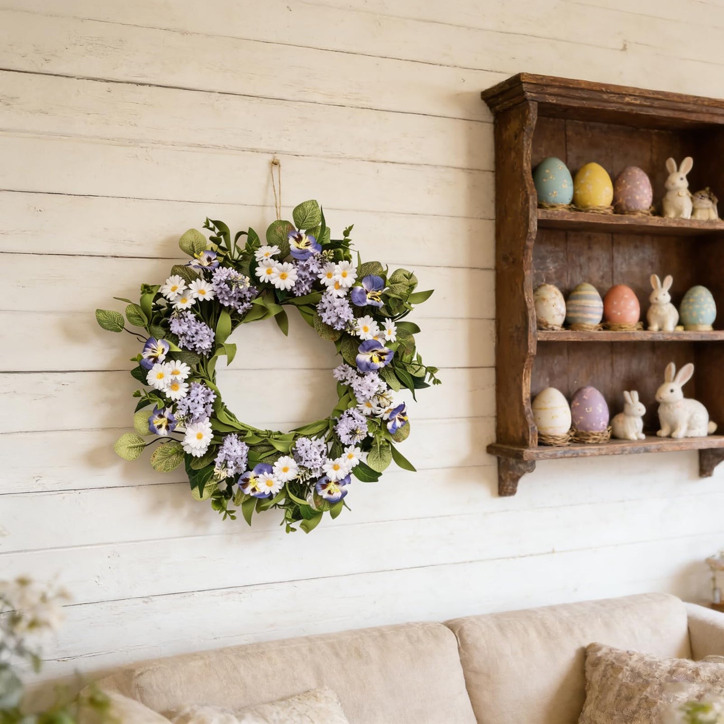 Zkieire 20 Inch Purple Artificial Lilac Daisy Pansy Wreath - Floral Wreath with Greenery for Front Door Wall Window, Spring Summer Indoor Outdoor Decor