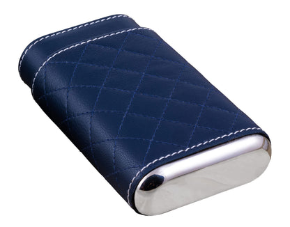 Prestige Import Group - 3 Cigar Holder Leather Diamond Pattern Stitch Style Cigar Travel Case - Blue