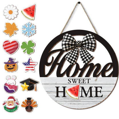 Interchangeable Seasonal Home Sweet Home Hanging Sign - Farmhouse Front Door Decoration for Spring All Seasons Holidays - Rustic Round Wood Wreaths with 12 Icons(White)