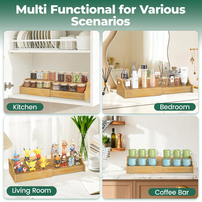 EsLuker.ly Coffee Mug Cup Holder Rack for Cabinets Countertop, 2 Tier Expandable Mug Storage Organizer Bamboo Coffee Bar Station Display Stand Shelf for Kitchen Countertop, No Assembly, More Space
