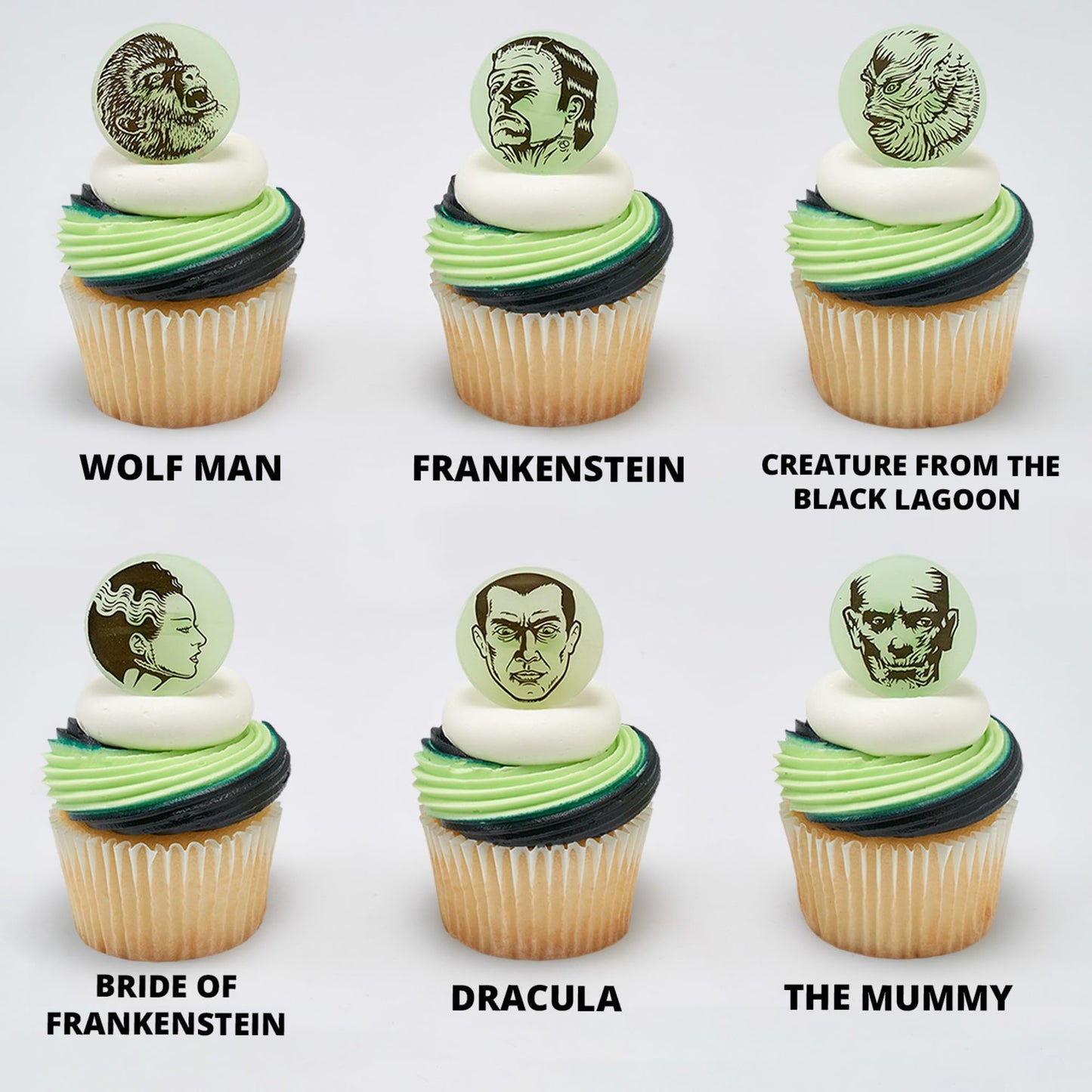24 Universal Monsters Glow In The Dark Cupcake Rings, Halloween Cupcake Decorations, Including Dracula, Frankenstein, Wolf Man, The Mummy, Invisible Man, Food Safe Cupcake Toppers – 24 Pack