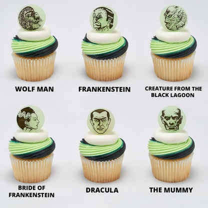 24 Universal Monsters Glow In The Dark Cupcake Rings, Halloween Cupcake Decorations, Including Dracula, Frankenstein, Wolf Man, The Mummy, Invisible Man, Food Safe Cupcake Toppers – 24 Pack