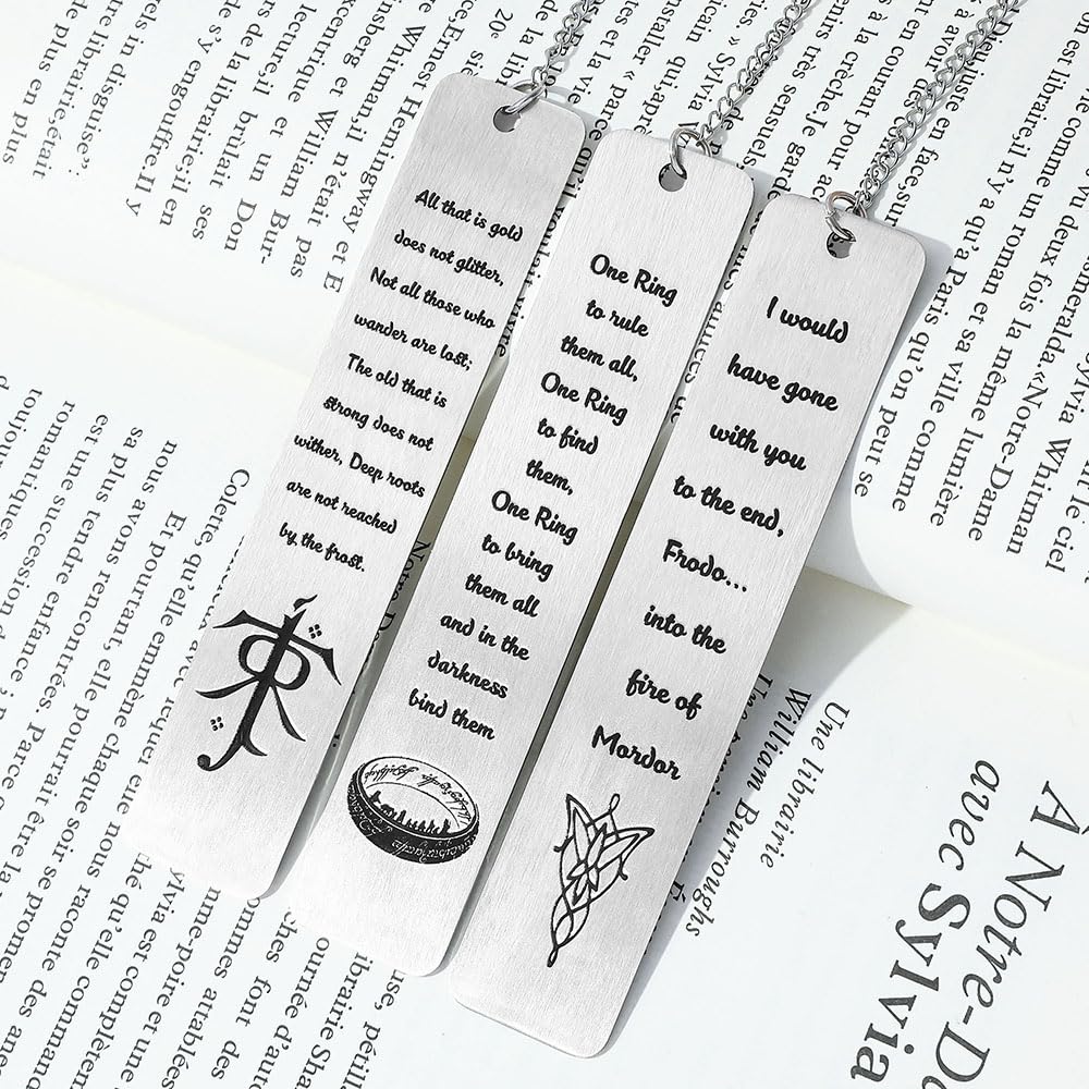 3Pcs Fantasy Bookmark Set - Metal Bookmarks with Elvish Leaf Pendant, Sword Charm & Evenstar Engraving, Epic Quotes Carved Jewelry for Book Lovers, Dark Academia Gifts for Readers (3Pcs-Silver)