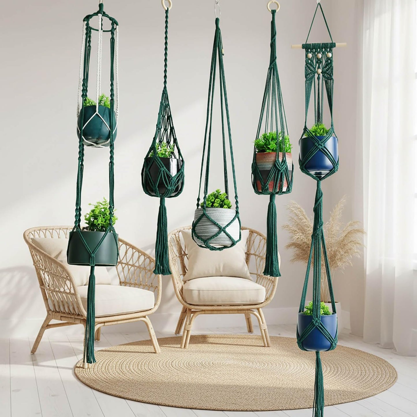 Macravine 5 -Pack Plant Hanging Holder, Indoor Boho Plant Pot Holder, Handmade Art Plant Hanger, Chic Plant Hanger for Ceiling/Window/Garden Decor, 40",50",63", Dark Green(No Pot & Plant Included)