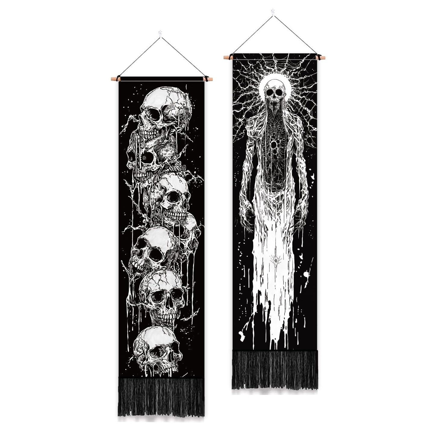 PLIGREAT 2 Pack Skeleton Tapestry with Tassels, 52" x 13" Black and White Aesthetic Wall Hanging Goth Style Vertical Home Art Tapestry for Bedroom Living Room Long Narrow Wall Hanging Art Decor