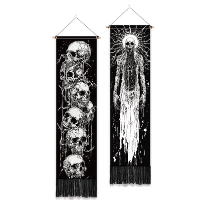 PLIGREAT 2 Pack Skeleton Tapestry with Tassels, 52" x 13" Black and White Aesthetic Wall Hanging Goth Style Vertical Home Art Tapestry for Bedroom Living Room Long Narrow Wall Hanging Art Decor