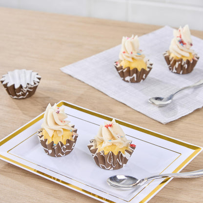 Restaurantware Panificio 0.4 Ounce Baking Cups 200 Flared Cupcake Liners - Oven-Ready Freezable Brown And White Paper Muffin Cases Disposable Chocolate Wisp For Wedding Parties Baby Showers