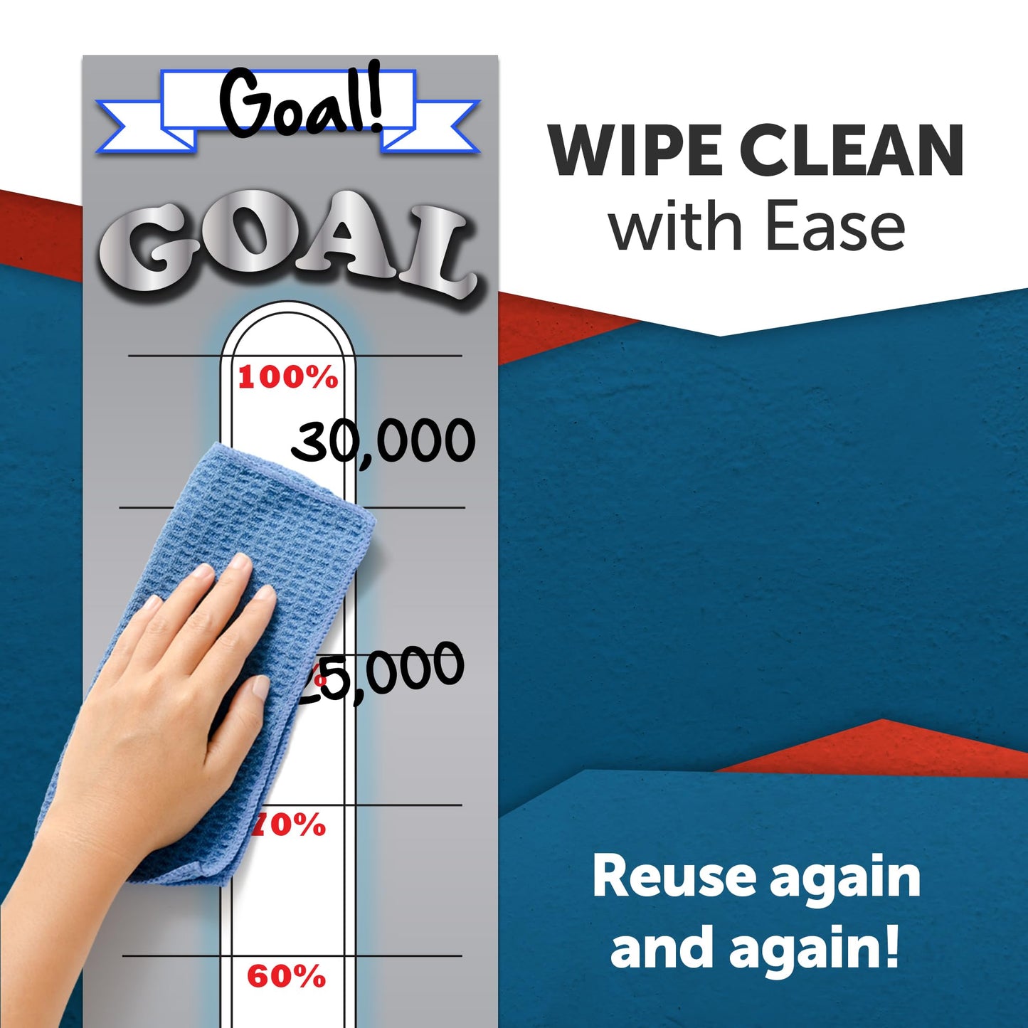 Fundraising Goal Thermometer Chart - 11" x 48", Reusable, Dry Erase Goal Tracker - Great for Schools, Churches, Offices & Charities