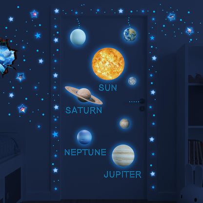 Robmoda Stars and Planets Wall Decals Glow in The Dark, Sun Solar System Stickers for Ceiling, Space Wall Sticker for Kids Room (Blue)