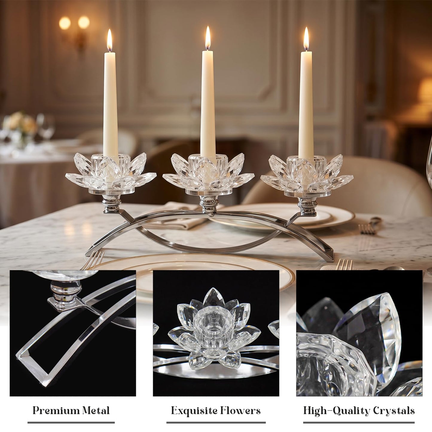 Crystal Lotus Taper Candle Holders, 3 Arms Metal Crystal Candlesticks, Decorative Flower-Shaped Candle Holders for Dining Table Centerpiece, Wedding, Home & Holiday Decor (Clear, 3 Arm)
