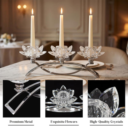 Crystal Lotus Taper Candle Holders, 3 Arms Metal Crystal Candlesticks, Decorative Flower-Shaped Candle Holders for Dining Table Centerpiece, Wedding, Home & Holiday Decor (Clear, 3 Arm)