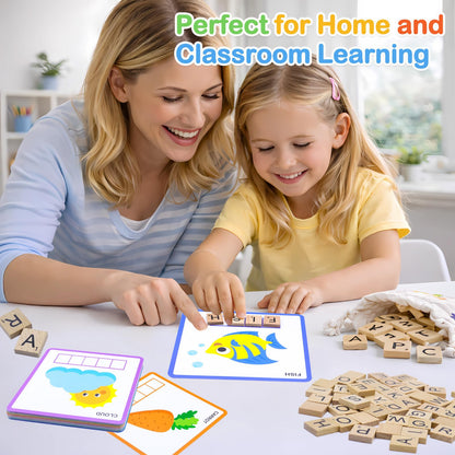 Humerry Spelling Game for Kids Ages 3-8, Word Building & Sight Word Games, Phonics Learning Toy with 100 Wooden Letter Tiles & 30 Double-Sided Flashcards, Preschool Kindergarten Early Reading Game