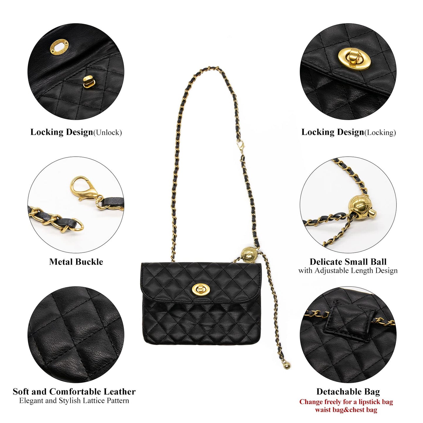 YAMEIZE PU Leather Chain Belt Bag for Women - Crossbody Waist Bag Fanny Pack Detachable Belt Chain Women Evening Mini Handbag