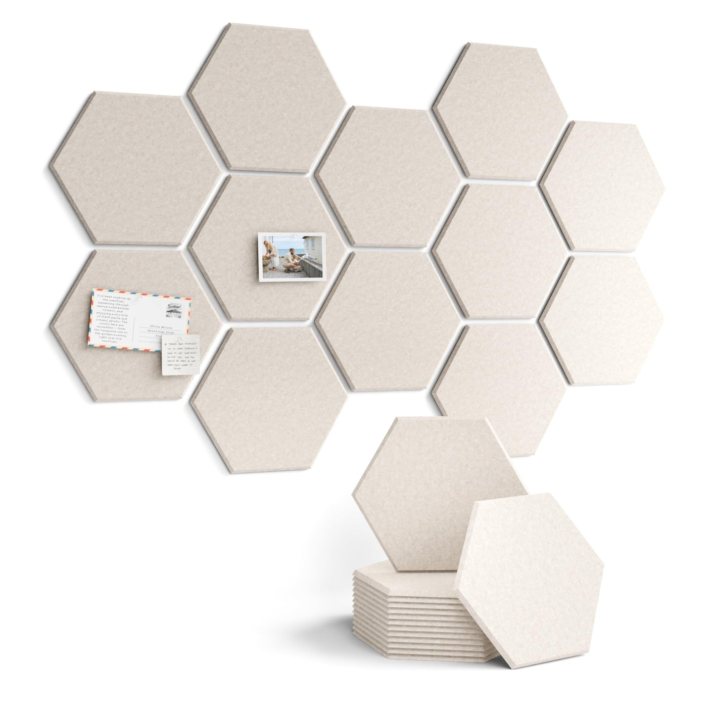 Fluxynara Hexagon Cork Board Alternative for Walls Decor-12-Pack Felt Bulletin Board Tiles,with 30 Pushpins,70 Adhesive Tabs for Office,Classrooms & Home Pin Board Felt Board-Oatmeal