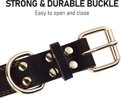 Genuine Leather Dog Collar, Heavy Duty Wide Dog Collar for Small,Medium, Large and Extra Large Dog (L: 1.2" Wide for 17"-23" Neck, Dual Stitch - Brown)