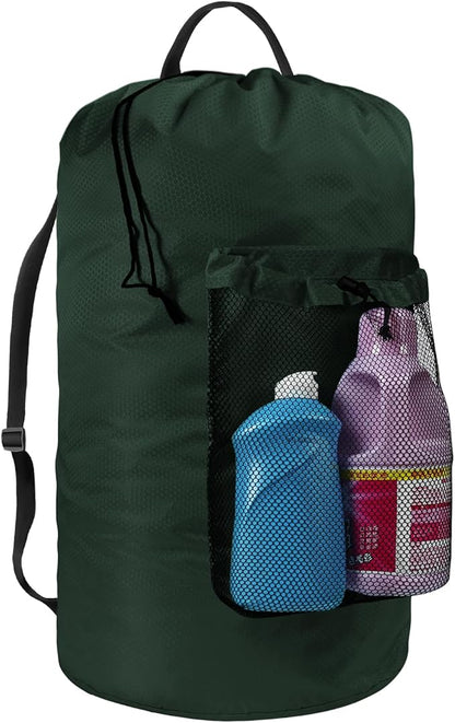 Laundry Bag with Shoulder Straps and Mesh Pocket Laundry Backpack Large Portable Laundry Hamper for College Laundromat Apartment (Green)