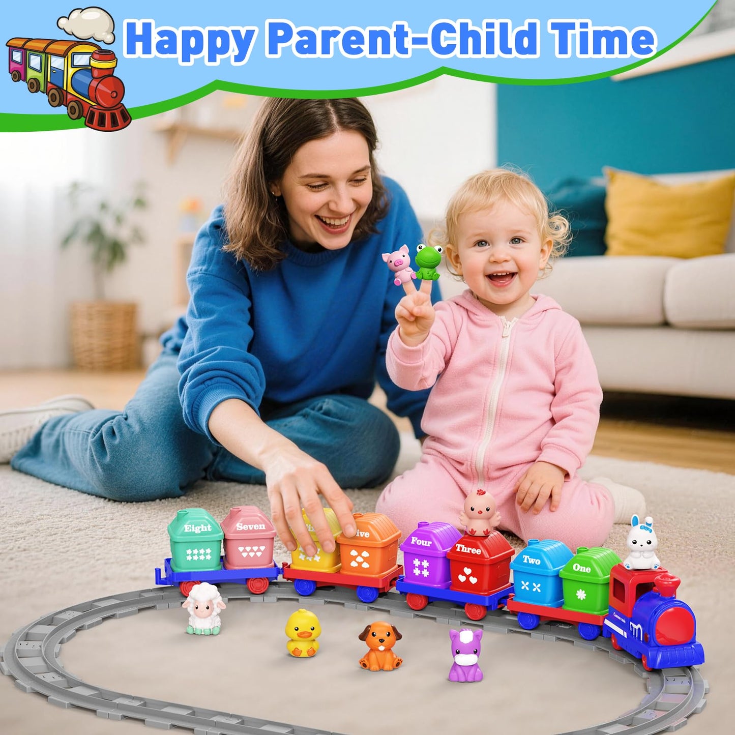 Cmiolacuna Train Set for Toddlers 2-4, Electric Toddler Train Set with Farm Animals, Music & Lights, Montessori Counting & Sorting Learning Toy, Birthday Easter for Boys Girls (Blue)
