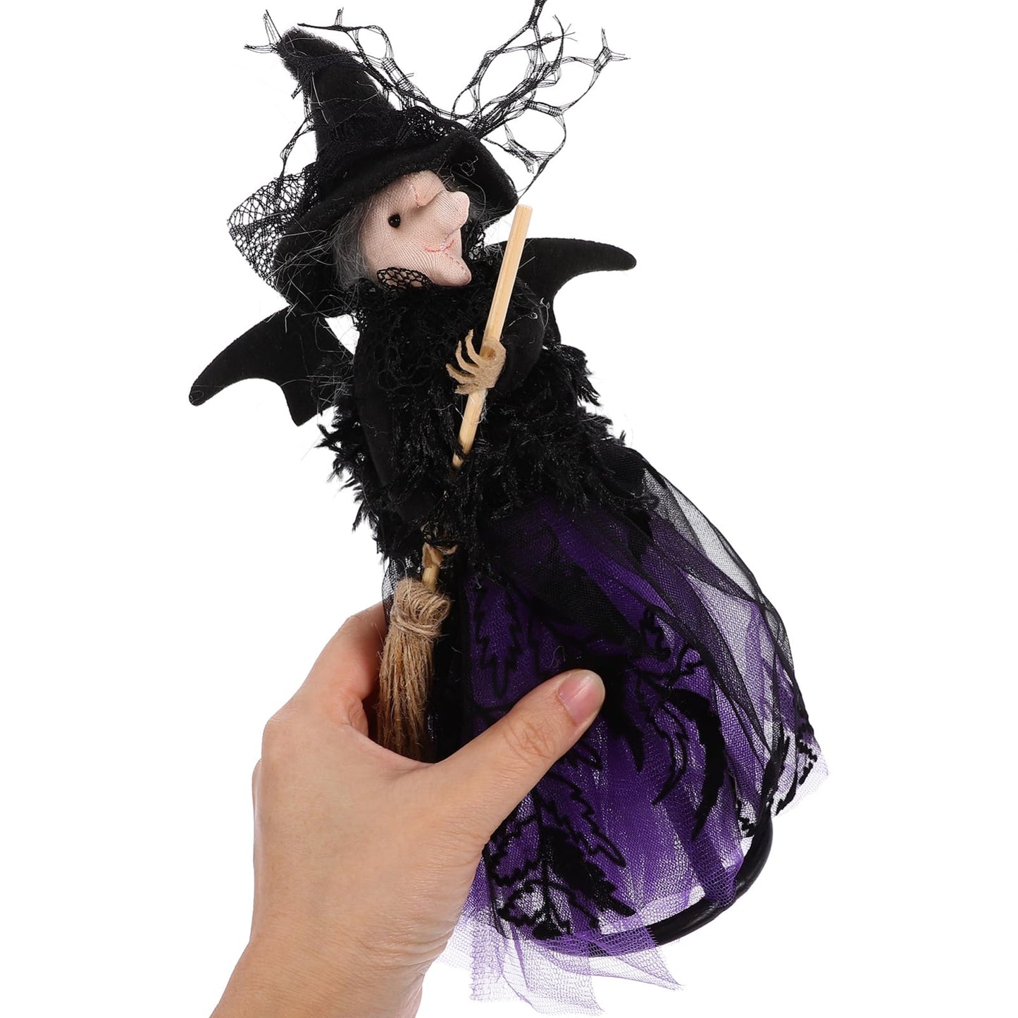 Alipis Halloween Witch Tree Topper, Black Witch Doll Ornament with Black Pointed Hat and Flying Broom Christmas Tree Top for Desktop Treetop Fireplace Halloween Decor