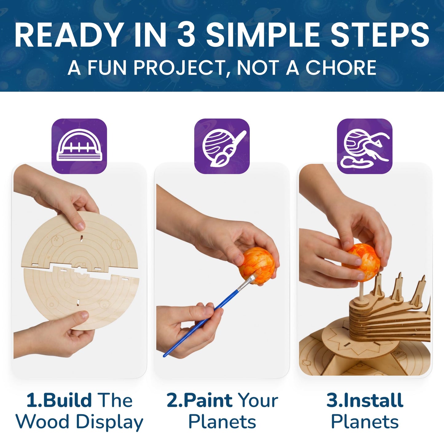 Nine Planets DIY Solar System Model for Kids - Complete Solar System Kit for Kids 8+ Years Old - Includes Wood Model & Puzzle with Fact Cards - Science Kits for 8-12 Years Old