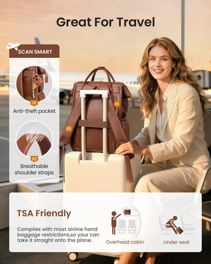 LOVEVOOK Leather Laptop Backpack for Women 15.6 inch,Travel Purse Nurse Teacher Carry On Backpack Computer Bag,Professional College Business Work Bags with USB Port,Brown