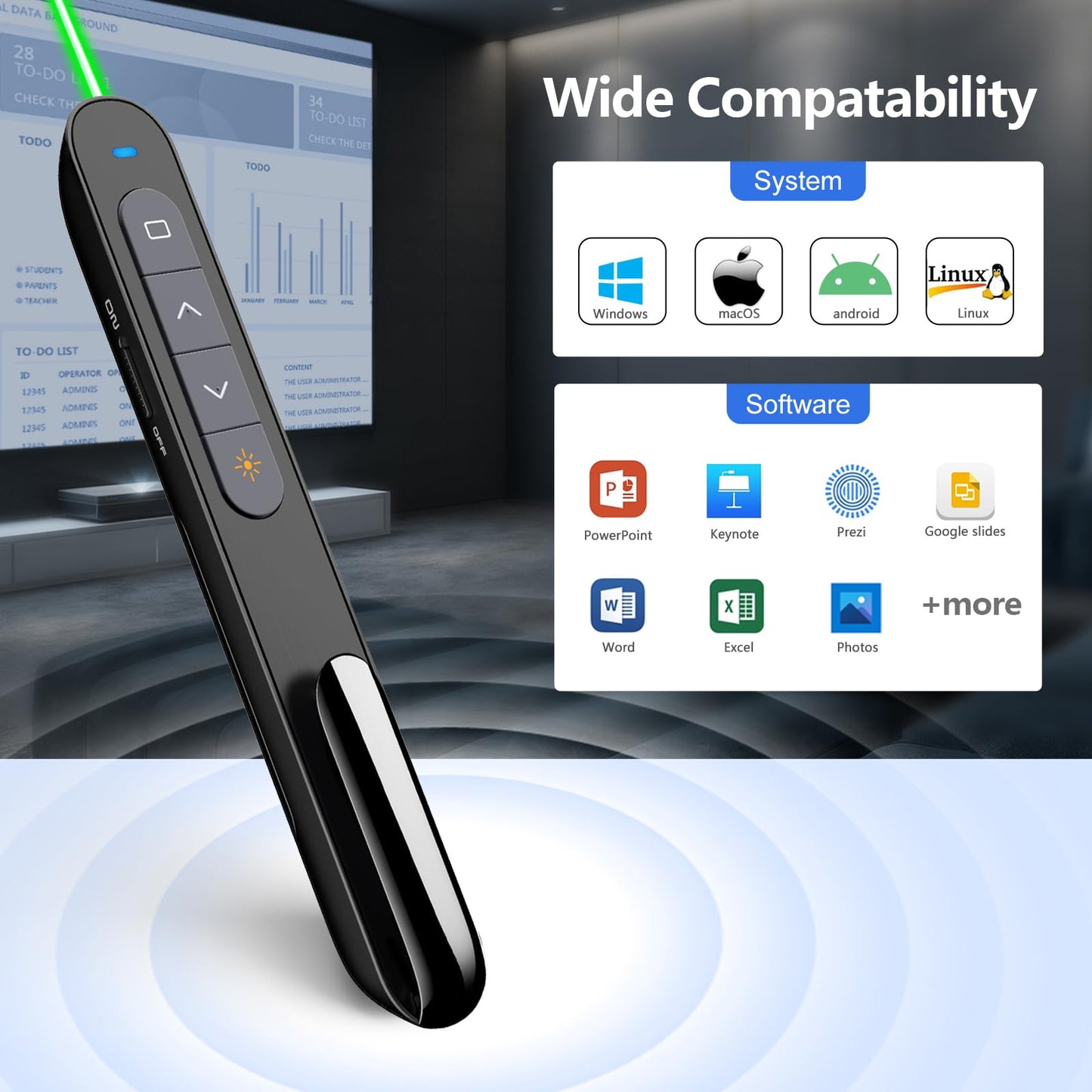 Norwii N76 Rechargeable Presentation clicker, Long Range Presentation Remote, Wireless Presenter, Pointer for PowerPoint Presentations, Slide Control - Green Light+Case