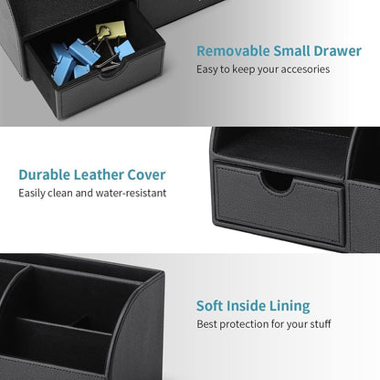 Vlando Office Desk Organizer Leather Desktop Organizer Caddy with Drawer for Storing Desktop Supplies and Accessories (Black Set)