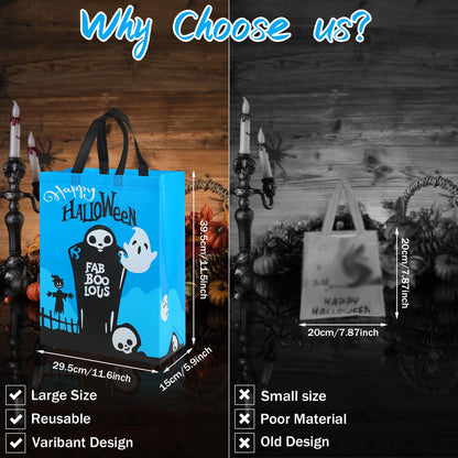 CCINEE 12PCS Halloween Non-Woven Bags with Handle，Large Size Reusable Halloween Trick or Treat Tote Bags for Party Favors Supplies，15.7"×11.8"×5.9"