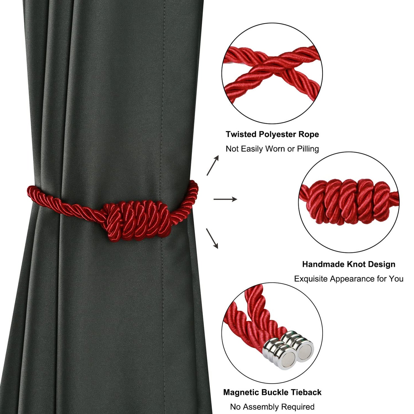 BEL AVENIR Magnetic Curtain Tiebacks, Decorative Drapery Holdbacks Modern Woven Tie-Backs with Exquisite Knot (Red, 4 Pack)